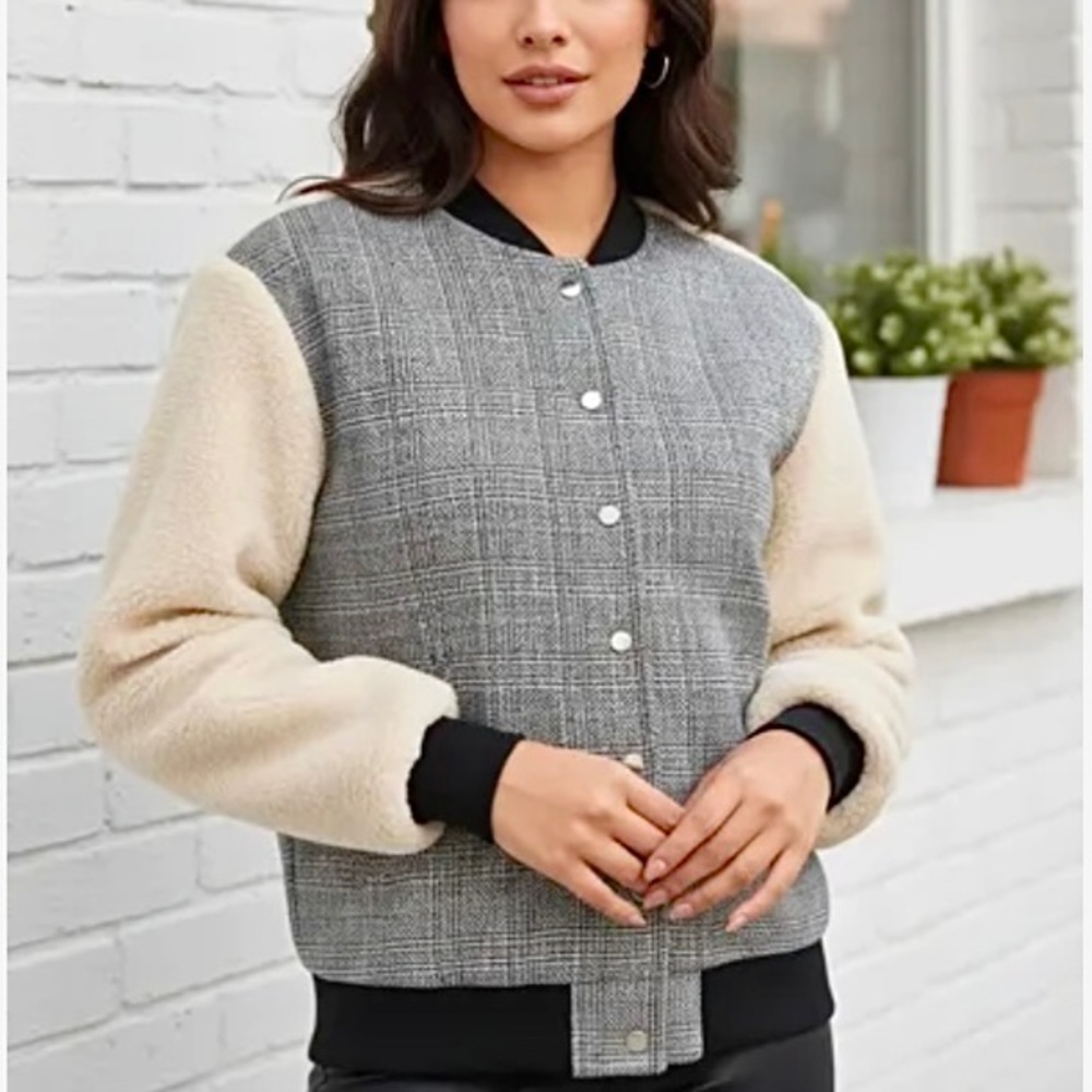 Strut & Bolt Tweed Plaid Bomber Varsity Jacket Cream Wool Teddy Shearling Slv LG